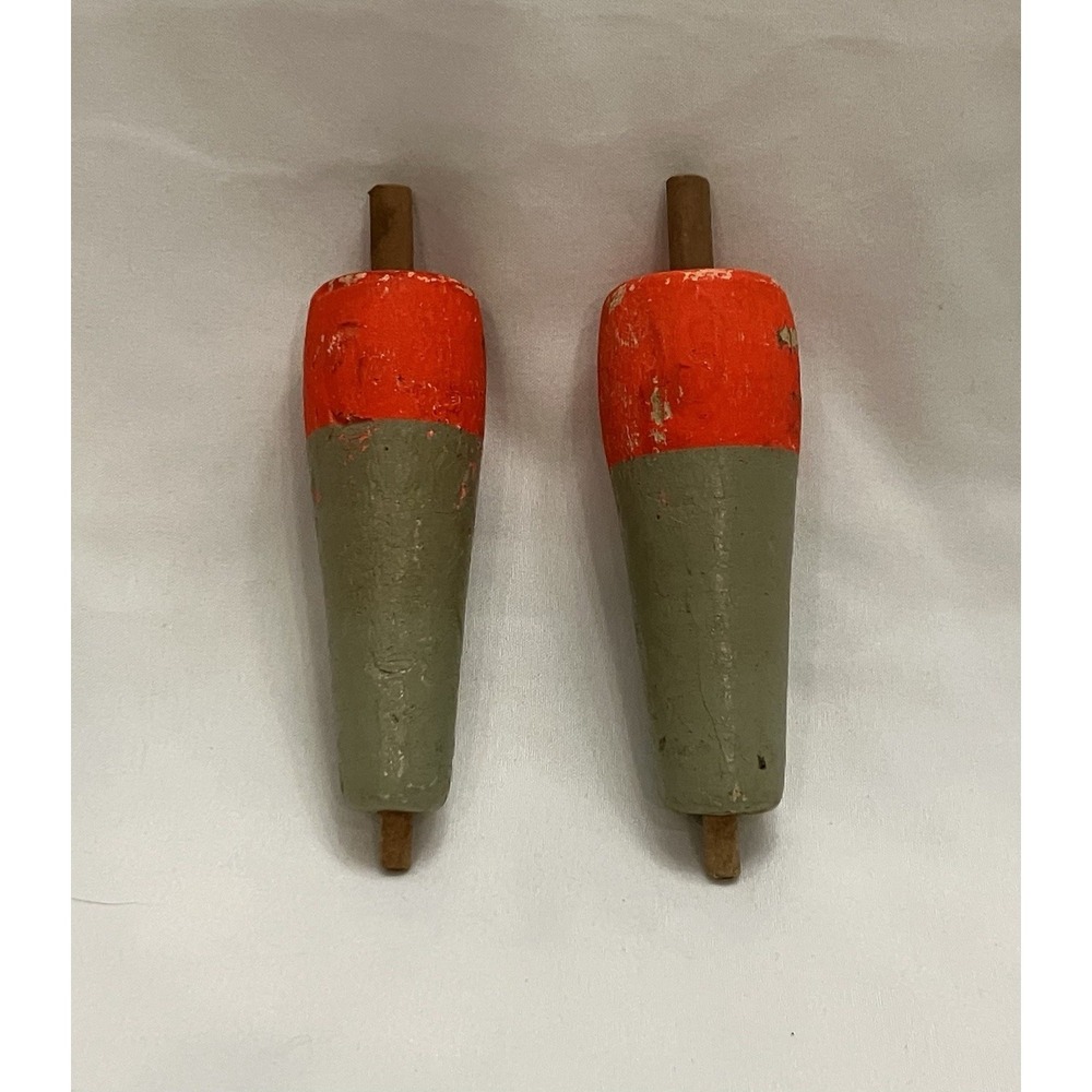 Set 2 VTG Balsa Wood Fishing Bobber Floats Orange Green Fresh Salt Water 4”